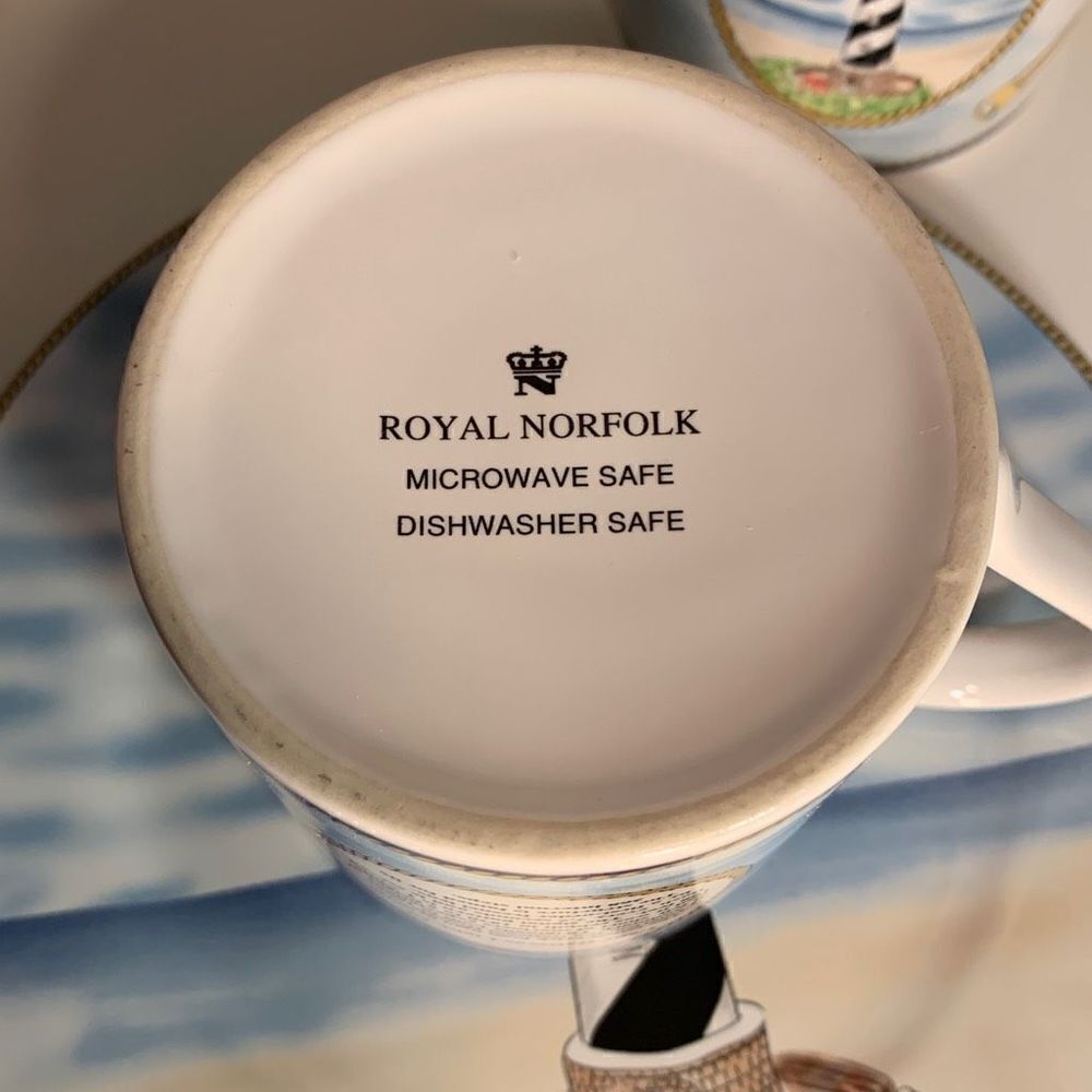 Royal Norfolk Coffee Mug Cape Hatteras Light, NC Lighthouse 2 Mugs and 1 Dish - Picture 6 of 8